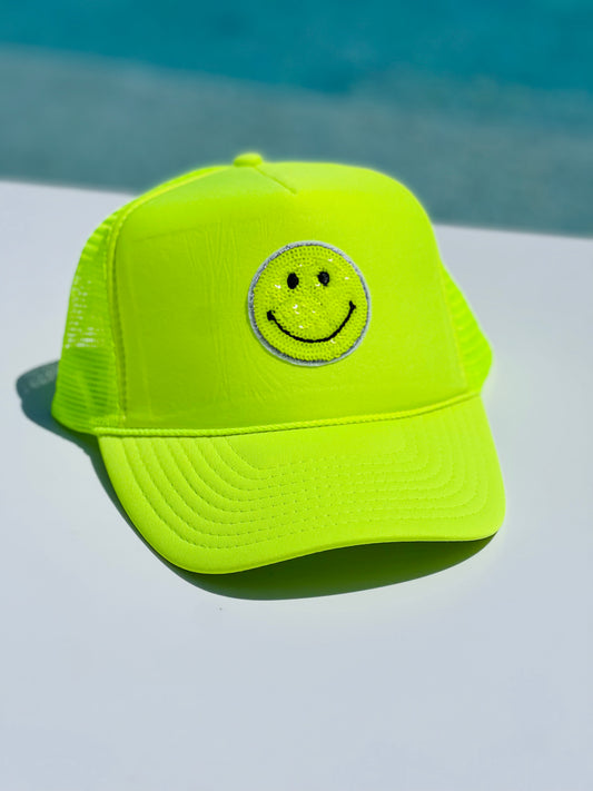 Neon Lemon Lime Smiley Face Hat