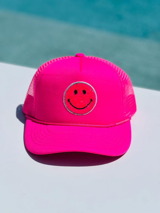 Neon Pink Smiley Face Hat